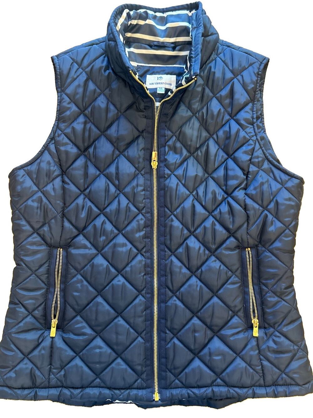 Southern Tide Women’s Quilted Navy Blue Vest Full Zip Puffer Gold Accent Size XL